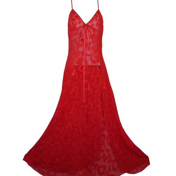 Vintage 70s Shirley of Hollywood Sheer Sweeping Slip Nightgown Red Deep Leg Slit